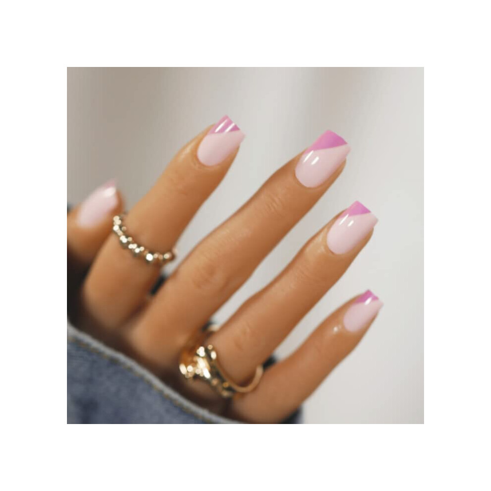 Pink Short Coffin Press On Nails French Tip Fake Nails, 24Pcs Reusable Acrylic False Nails Kit