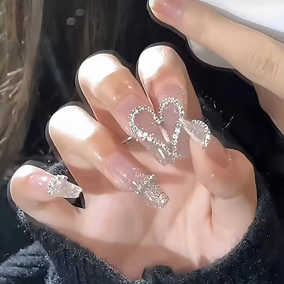 Long Coffin Press On Nails with 3D Gem Design, Glossy Ballerina French Manicure Fake Nails Kit