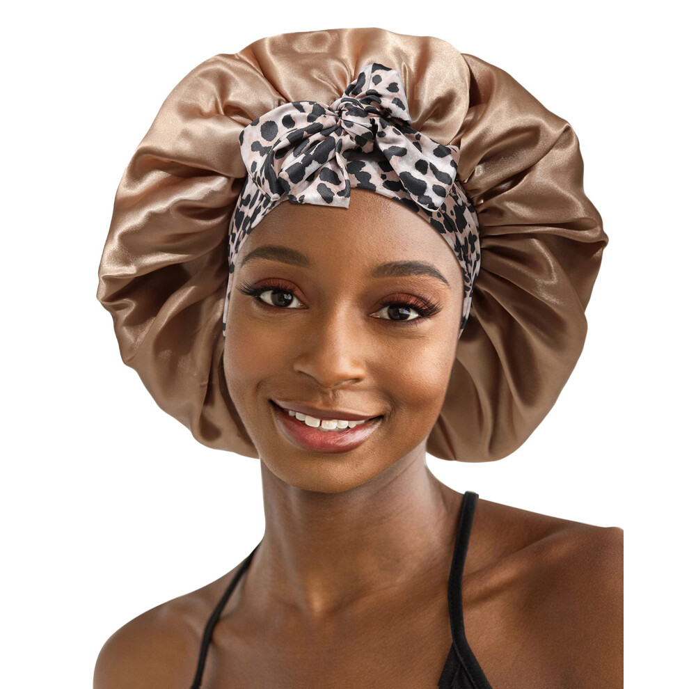 Large Satin Sleep Bonnet for Curly Hair with Wide Elastic Band Double Layer Silk Cap Coffee Leopard