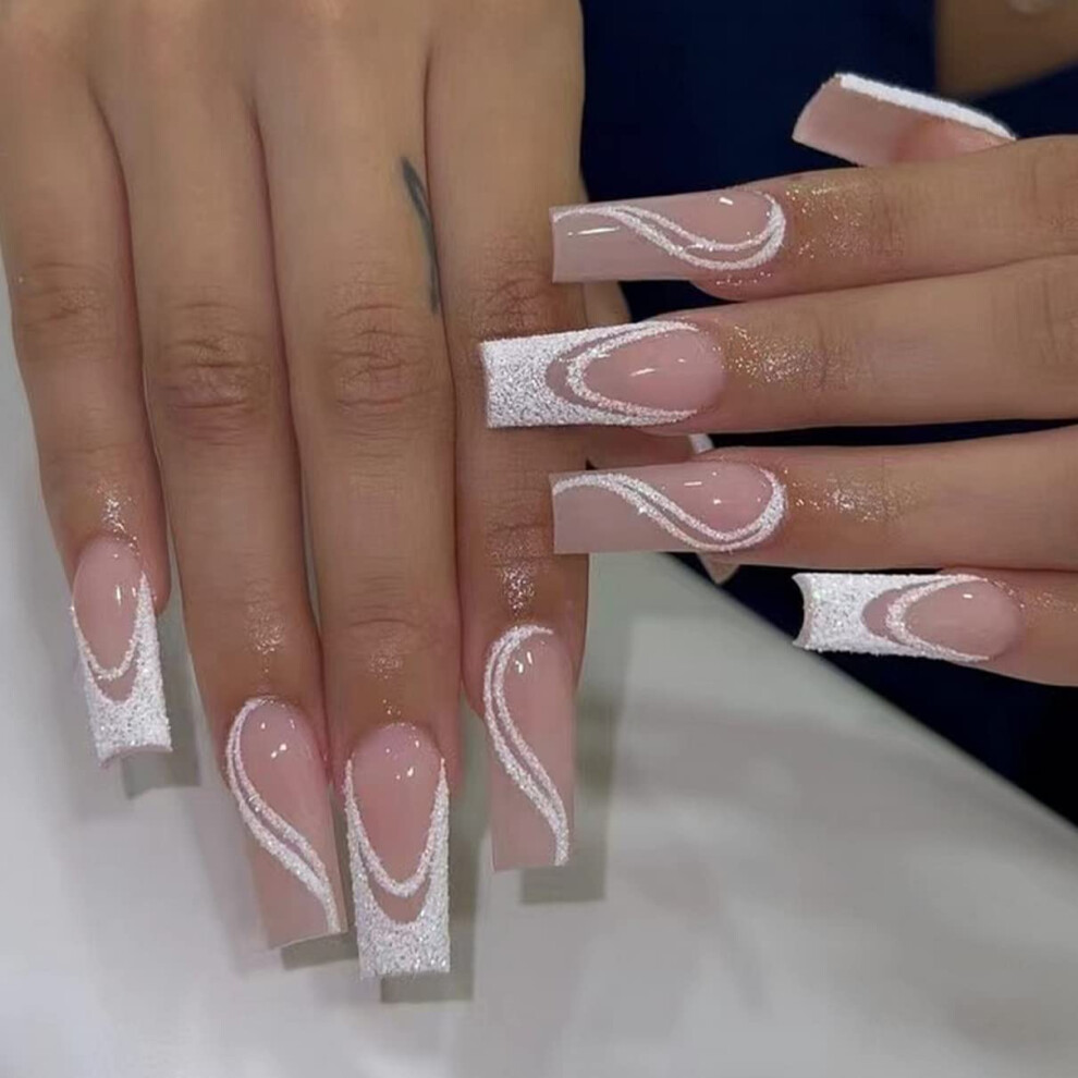 Short Coffin Press On Nails Set with Glossy Stripes, Shimmery French Tips, Reusable Glue Option