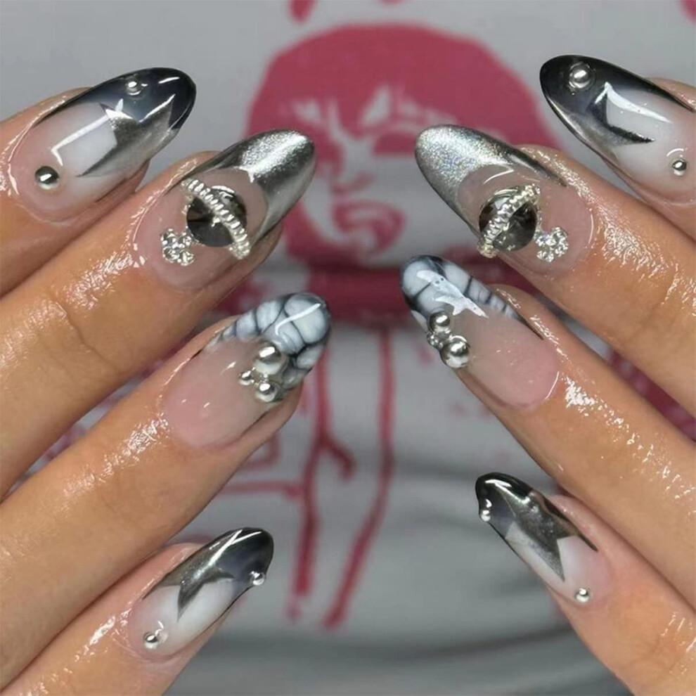 Chrome French Tip Press On Nails Set, Diamond Short Almond Fake Nails with Reusable Glue
