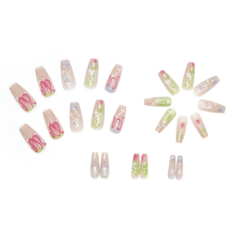 Press on Nails Long Glossy Coffin Shape with Rhinestones Reusable Gradient Fake Nails Set for Women