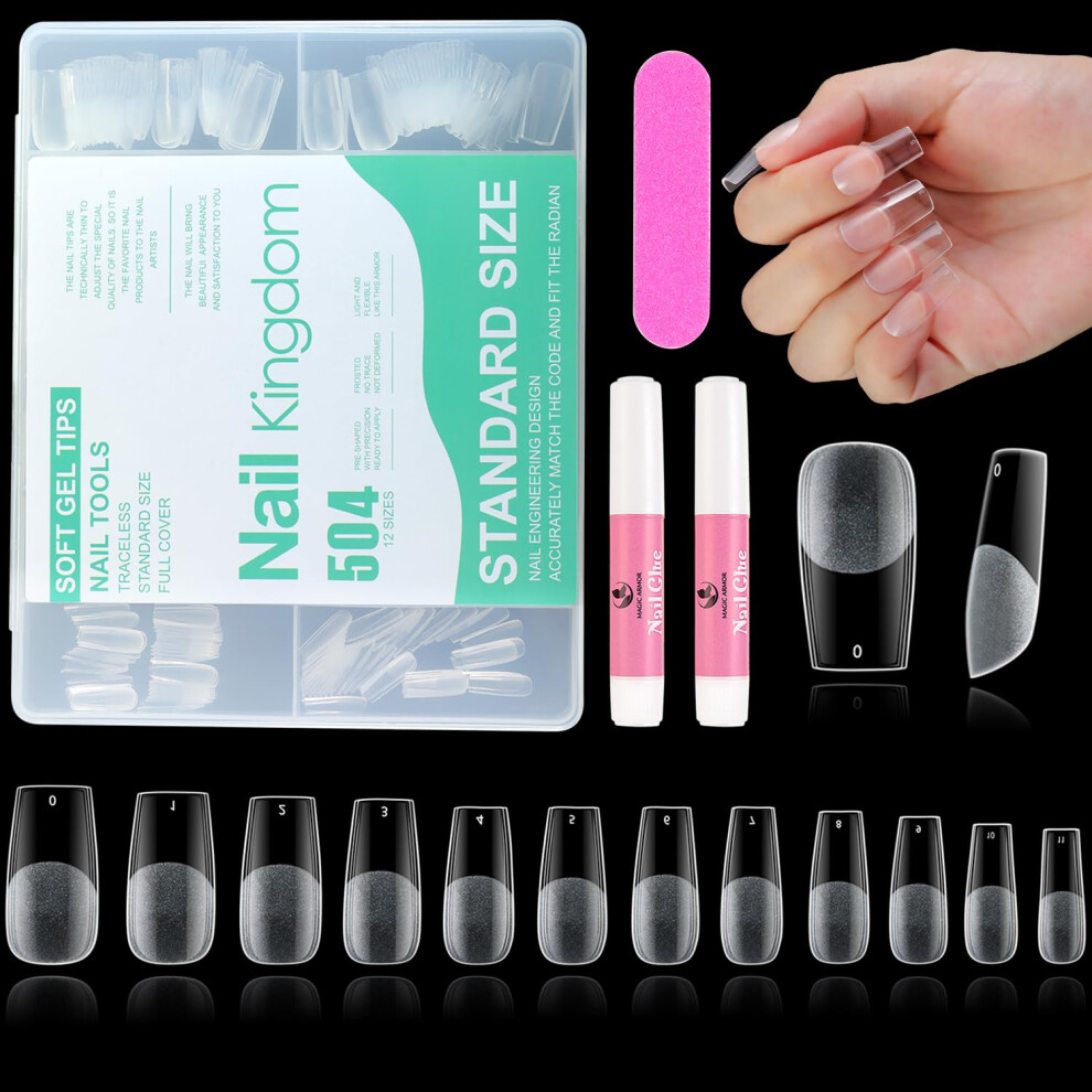 Press on Nails Medium French Square Full Cover Fake Nail Tips Half Matte DIY Kit with Glue 504pcs