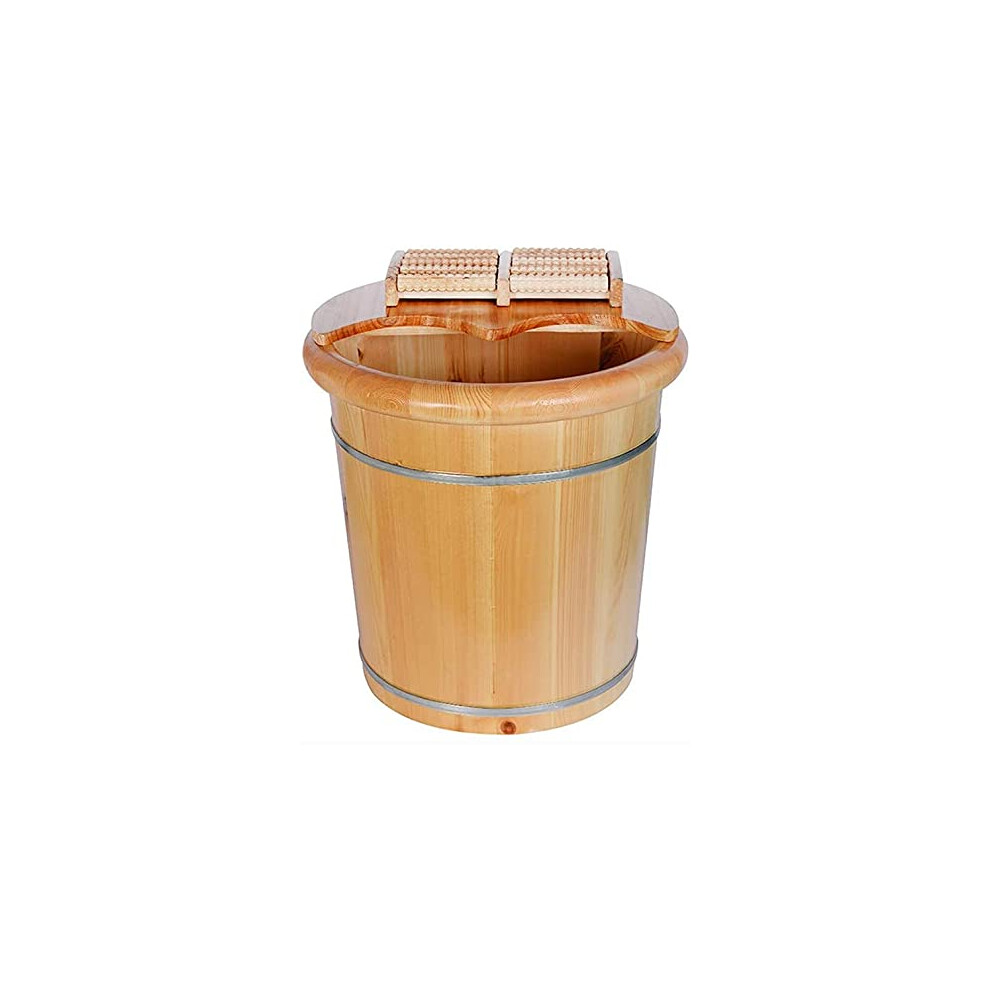 Deep Wooden Foot Soak Tub with Lid and Massager, Calf Height Solid Wood Foot Bath Barrel for Spa