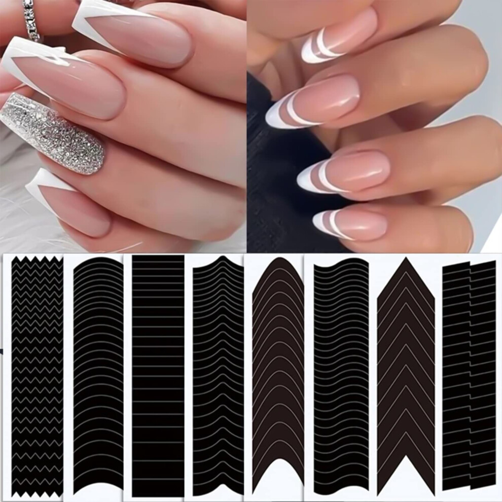 Black French Tip Nail Stickers And Manicure Stencils, 6 Sheets Selfadhesive Guides, V Shape Designs