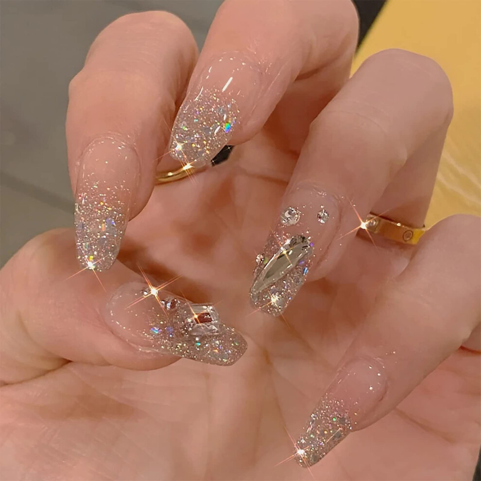 Long Coffin Press On Nails with Rhinestones, Glitter Luxury Fake Nails 24pcs Reusable for Women