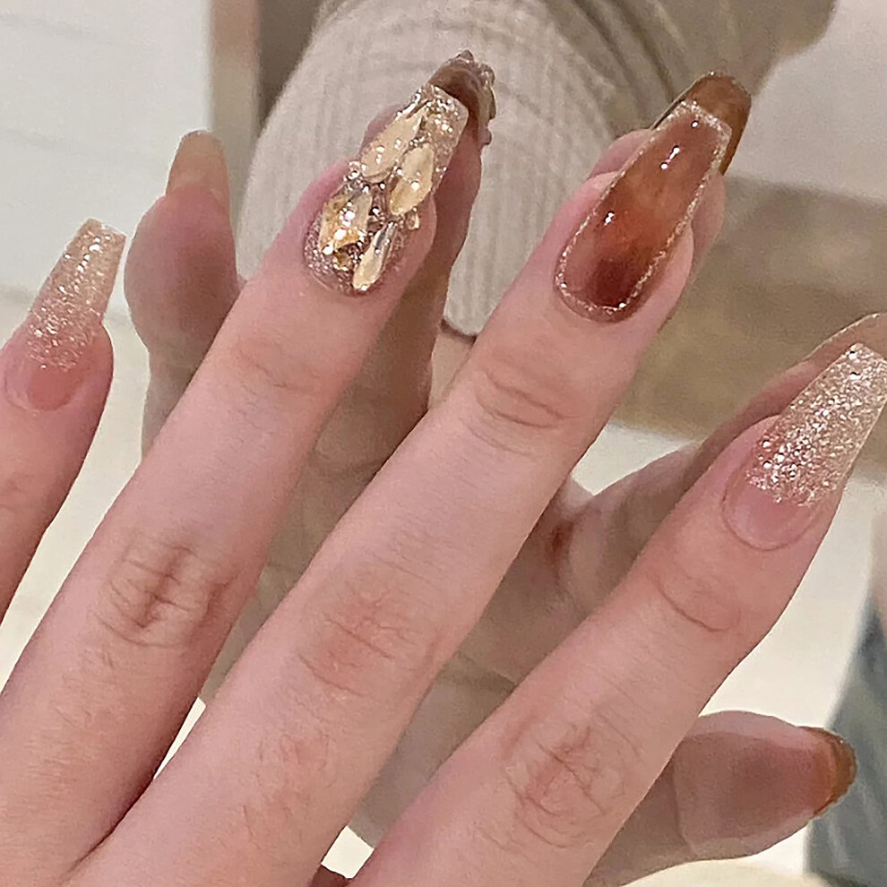 24pcs Acrylic Coffin Ombre Press on Nails with Glue, Glitter False Nail Set for Women