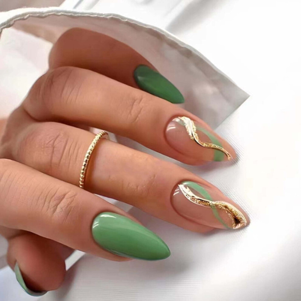 Green Short Almond Press On Nails Swirl Acrylic Glossy False Nails 24Pcs Easy Salon Manicure