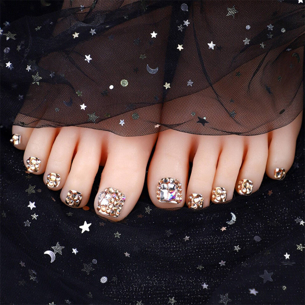 White,Gold White Gold Plated Press On Toenails Full Diamond Luxury Fake Toenail Tips With Reusable Jelly Glue