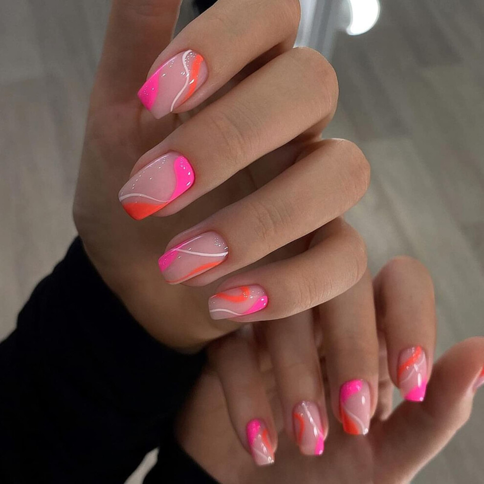 Short Square Press on Nails Nude with Red Swirl Acrylic Glue on Fake Nails for Women Reusable