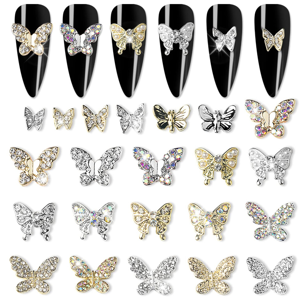 Gold/Silver 22Pcs 3D Butterfly Nail Charms And Rhinestones For Acrylic Nails Decorations