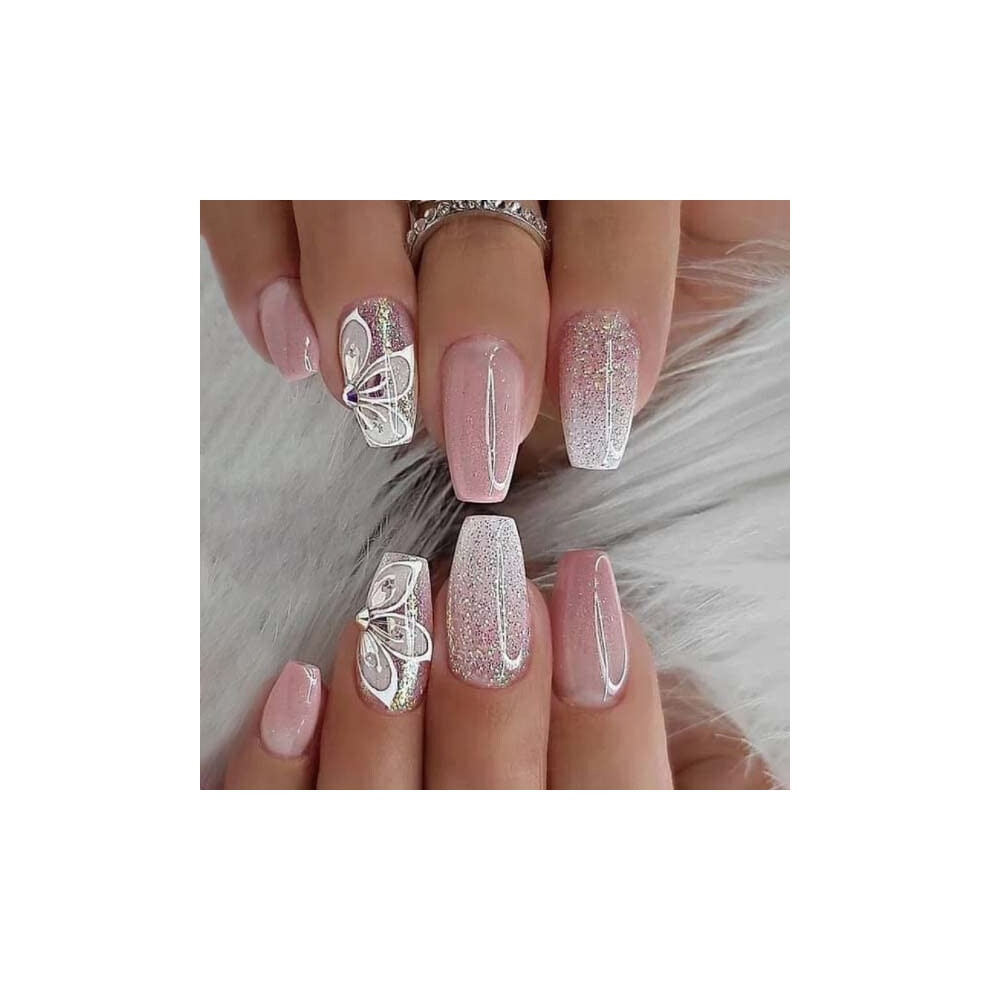 Cream Nude Press On Nails With Diamond Design, Glossy Acrylic Full Coverage Fake Nails Set, 24Pcs