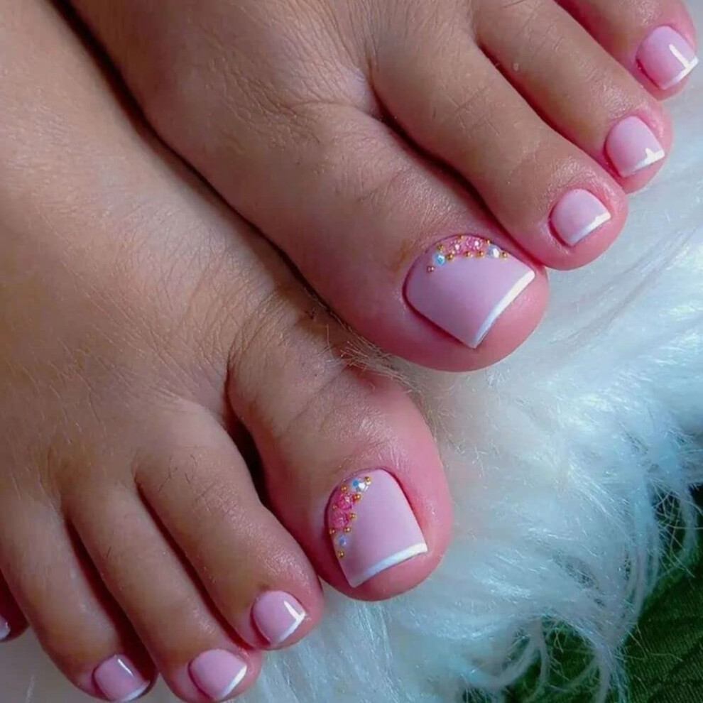 24PCS Press On Toenails for Women Short Square Fake Toenails Easy Peel and Stick Pedicure