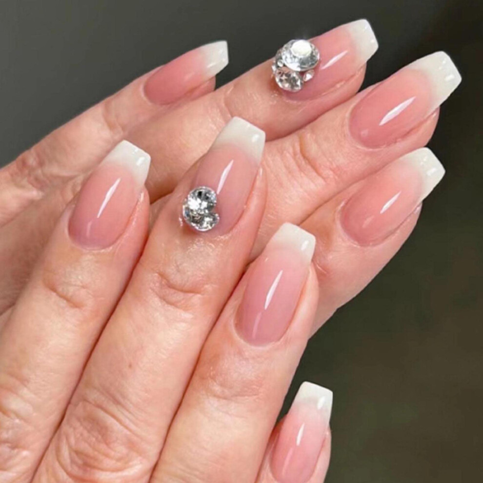 Cream Medium Coffin Press On Nails Set With Nude Gradient Acrylic Design For Natural Salon Look 24Pcs