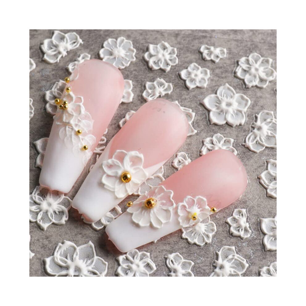 White 5D Nail Stickers Flower Gel Nail Art Decals, Embossed Floral Design For French Manicure Diy