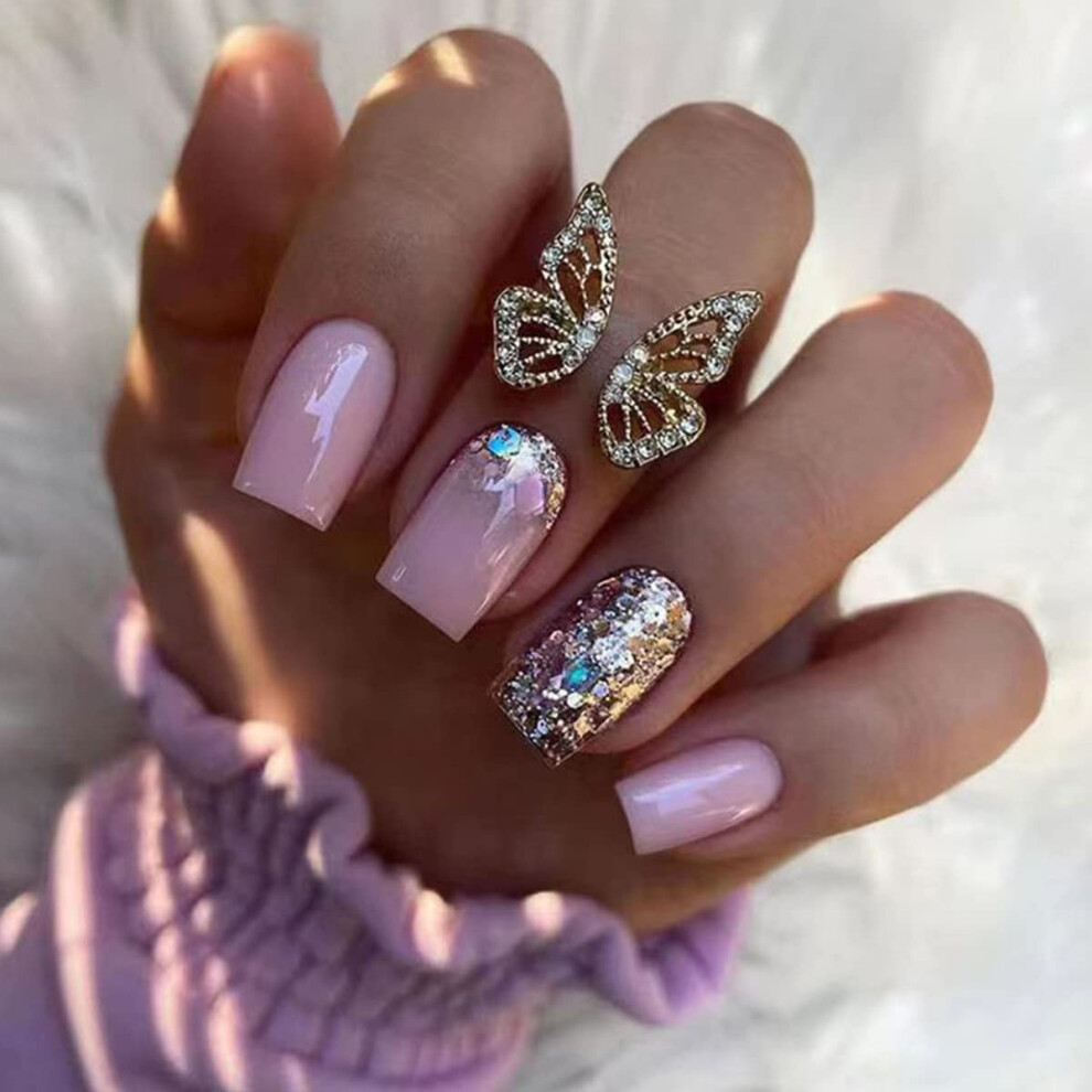 Press On Coffin Nails Pink Glitter with Gold Foil, 24pcs Full Cover Acrylic Fake Nail Tips