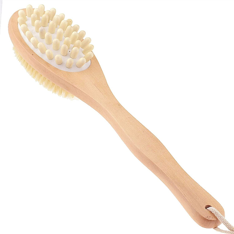 Double Sided Body Brush with Natural Bristles Long Handle Wooden Shower Brush for Exfoliating