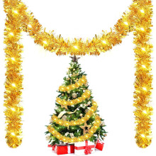 16.4 ft Christmas Prelit Tinsel Garland with 50 LED Lights, Battery Operated, Hanging Xmas Foil Garland for Tree, Wedding, Party Decor