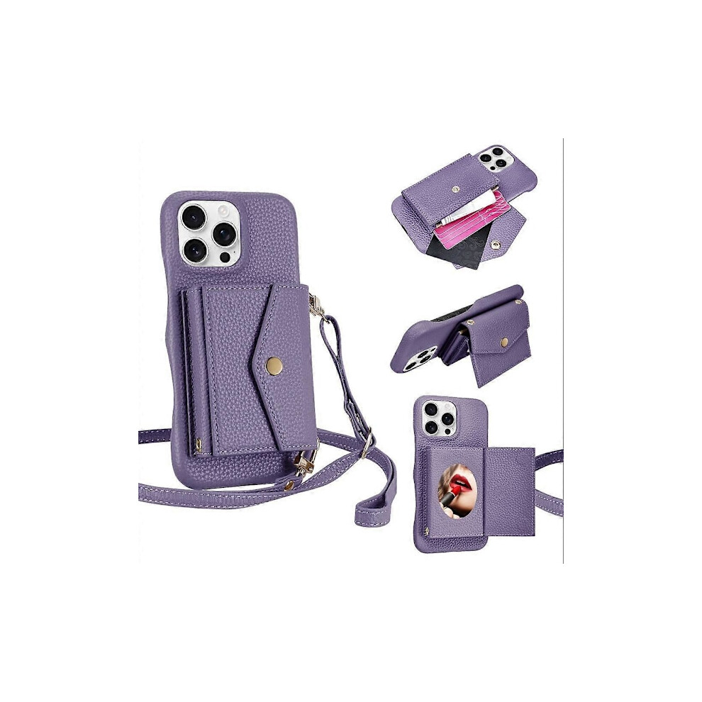 Litchi Texture Horizontal Card Pocket Phone Case With Long Lanyard For Compatible With Iphone 15 Purple 9164030343337