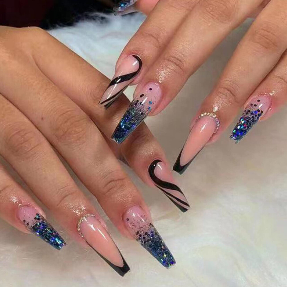 24pcs Long Press On Nails with Glue, Reusable Fake Nails with Rhinestones, SalonQuality Full Cover Set
