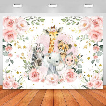 Jungle Safari Baby Shower Baggrund - Det er en pige, lyserøde blomster, zoo-dyr, vilde fødselsdagsdekorationer, fotografibaggrund, kagebordsbanner