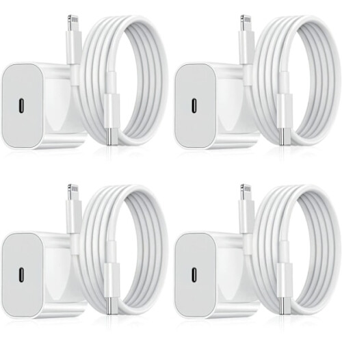 Compatible with iPhone Charger - 20W Fast Charging Adapter + Cable USB-C White 4-Pack