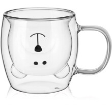 Cute Bear Tea Cup, Double Wall Glass Mug with Handle, 250ml - Compatible with Coffee, Milk, Beer - Cute Gift for Women Men, Valentine's Day (White)