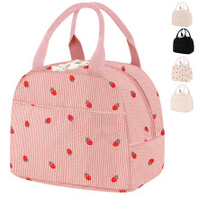Sac à lunch Livhil en velours côtelé pour femme, sac isotherme réutilisable et mignon pour le travail et les pique-niques, rose fraise