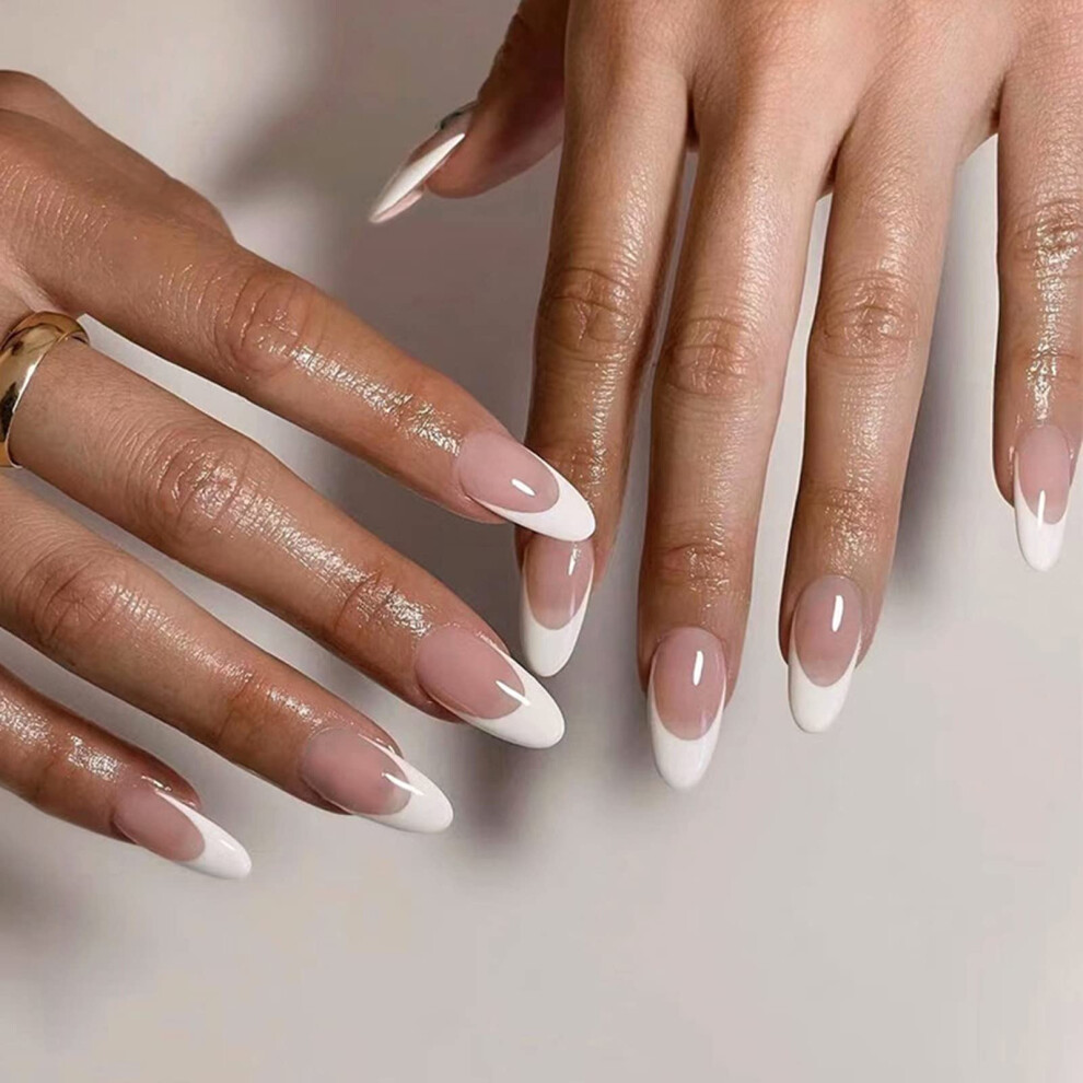 Pink,Cream Medium Almond Press On Nails Nude Pink Acrylic French Tip Fake Nails Reusable Manicure Set 24Pcs