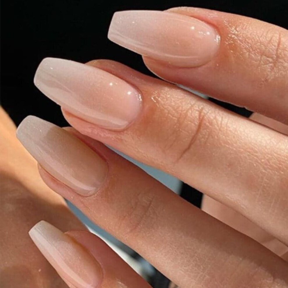 Cream Press On Nails Medium Coffin Nude Gradient Glossy Acrylic Fake Nail Set For Women 24Pcs