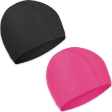 2 gorros de natación elásticos, cómodos, antideslizantes, de tela ligera, para mujeres, hombres y niños. Colores: negro y rosa.
