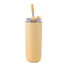 Waterfles in de uitverkoop, Poaug rietje, dubbellaagse roestvrijstalen draagbare thermosbeker met klapdeksel, gele glazen fles