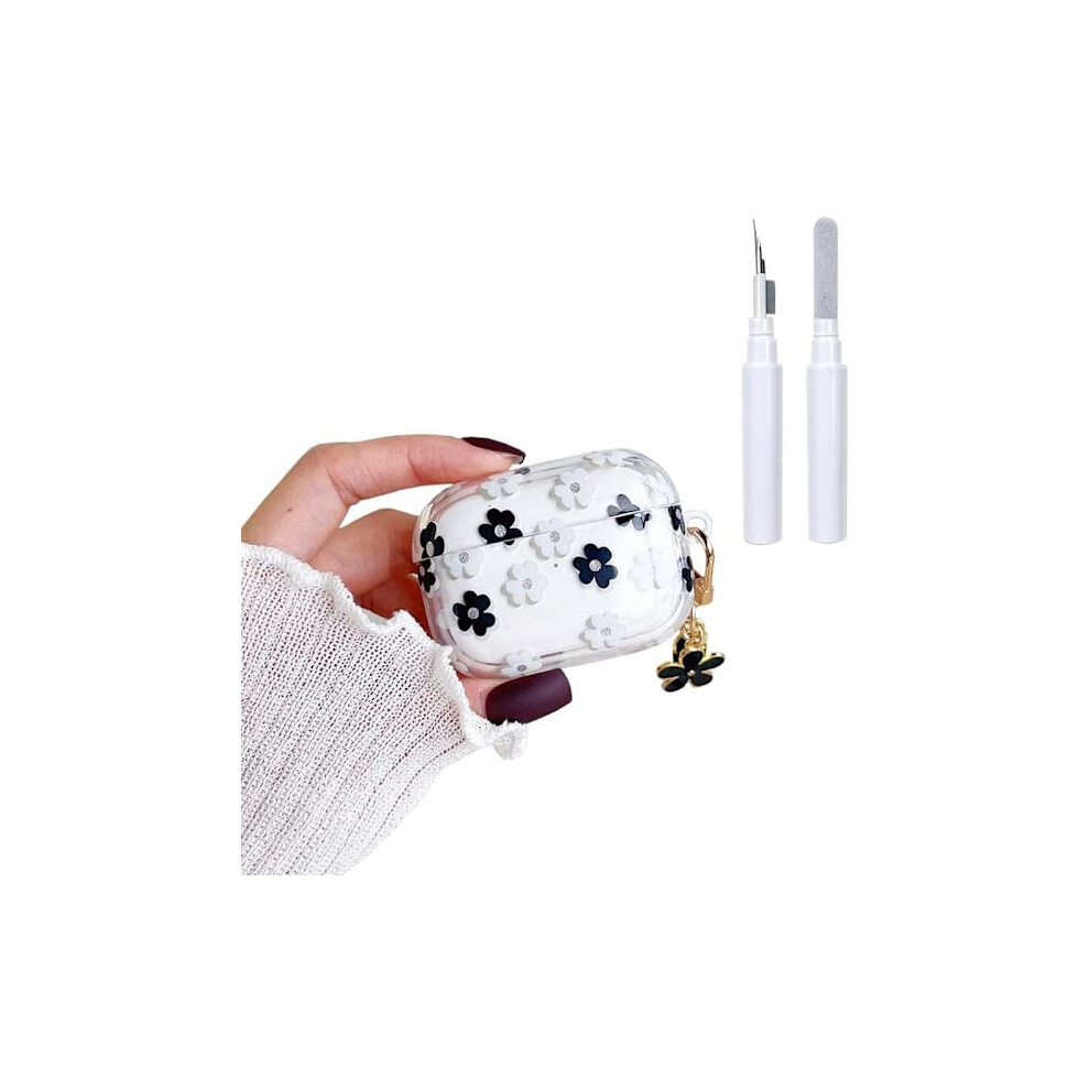 Cute Transparent Glitter Floral Case For Airpods 4Th Gen With Keychain + Cleaning Kit, Soft Floral Compatible With Airpods4 Black 9164030189096