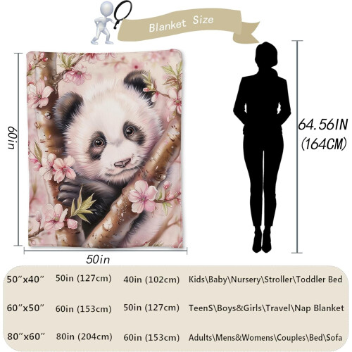 Κουβέρτα Panda & Cherry Blossom, μαλακή, χνουδωτή, ελαφριά φανελένια κουβέρτα με ζώα για 2