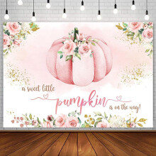 Efterårs lyserød græskar babyshower baggrund - "Et sødt lille græskar er på vej" festdekoration, efterårs blush pink & guld blomsterbanner,