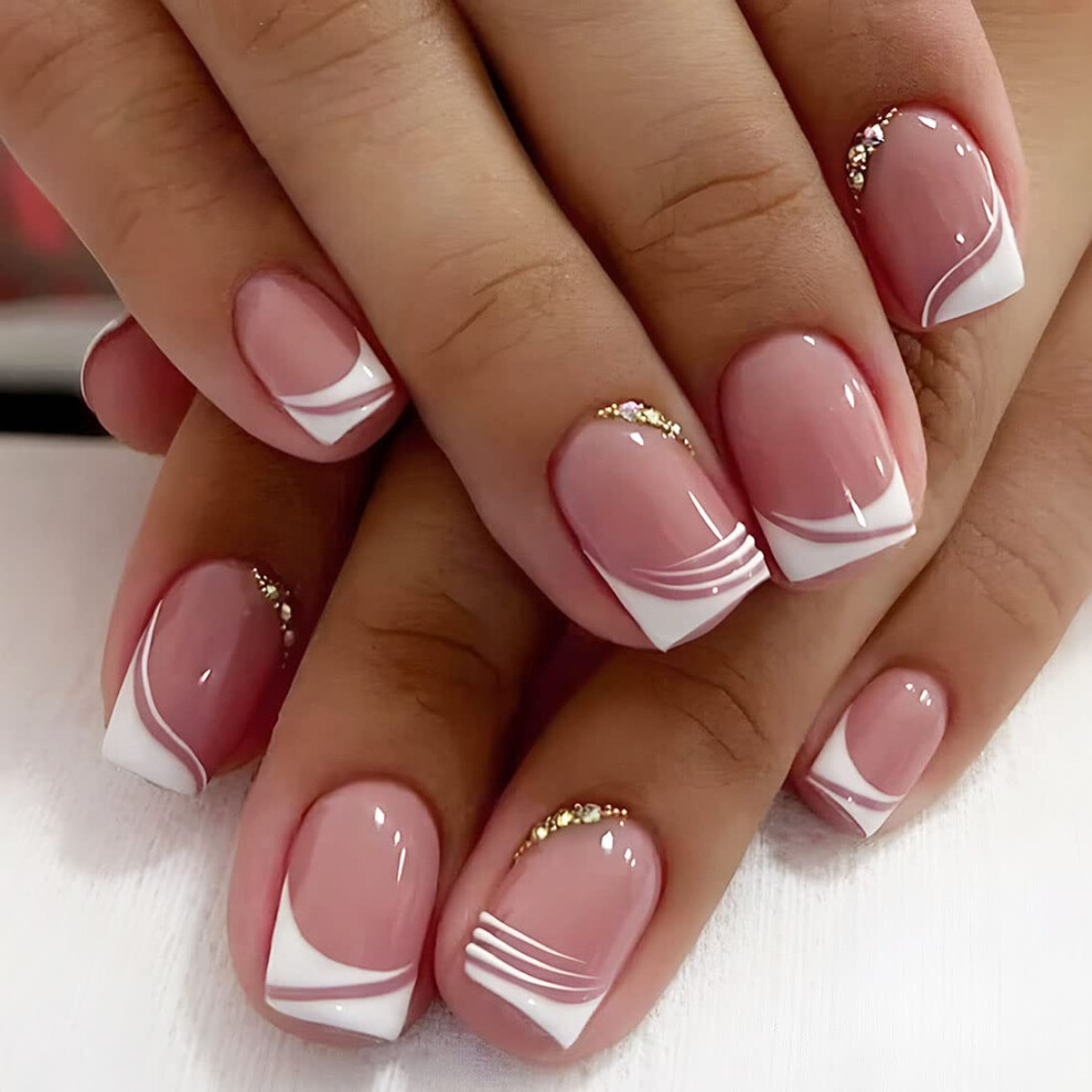 Pink,White 24Pcs Medium Length Pink And White Press On Nails With Rhinestones, Salon Style False Nails