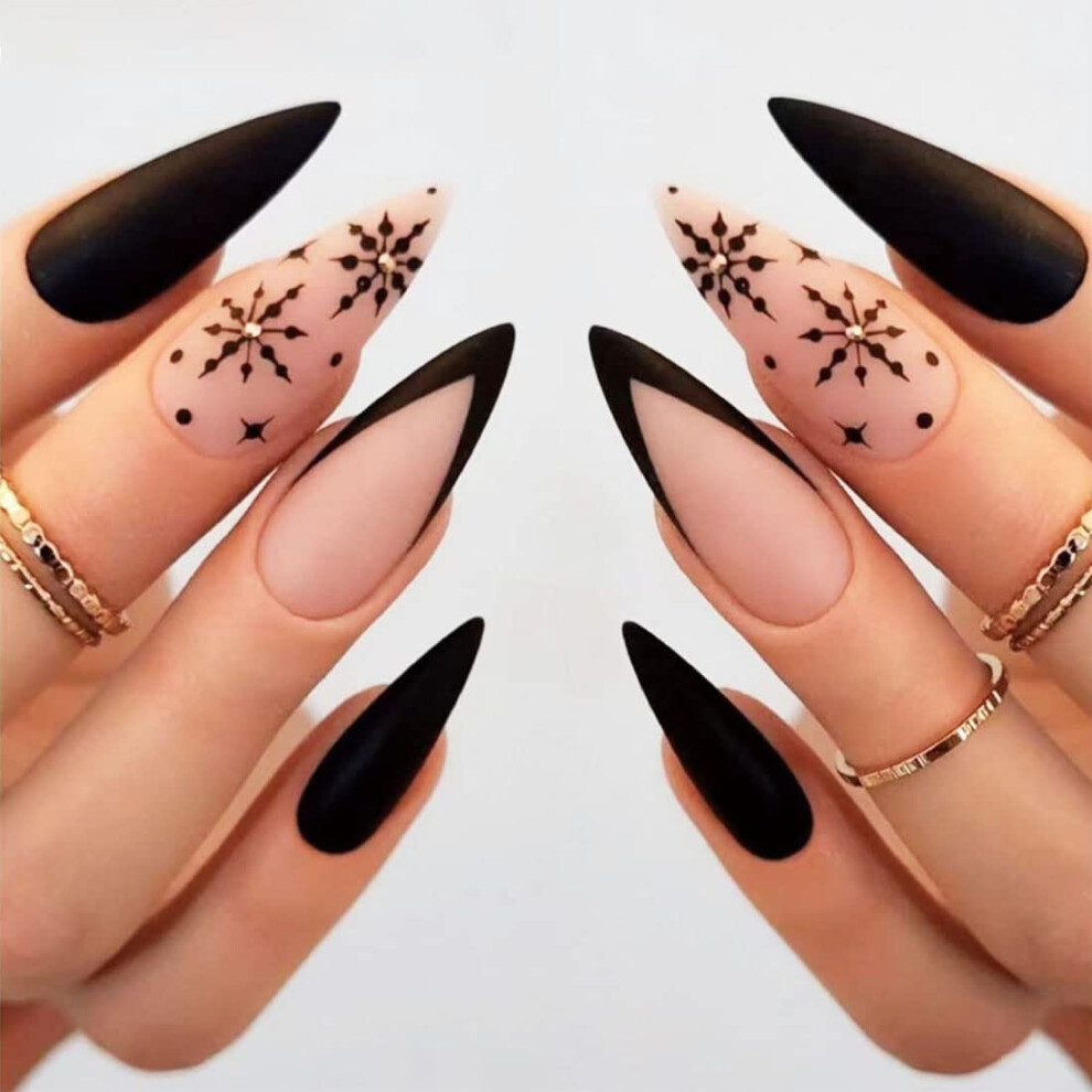 French Matte Almond Press On Nails with Diamond Snowflake Design, 24PCS Reusable False Nails