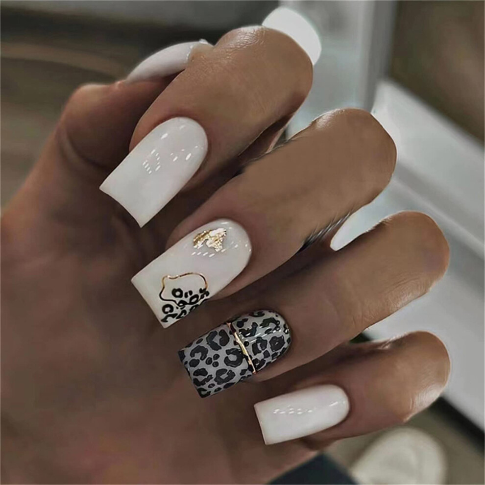 White Leopard Print Short Square Press On Nails With Glue, 24Pcs Fake Nails For Women