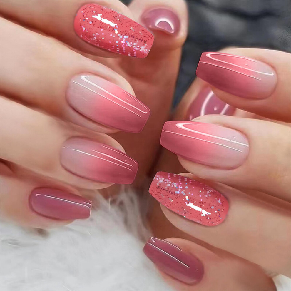 Pink Coffin Press On Nails Medium Gradient Acrylic With Glitter Readytowear Manicure 24Pcs