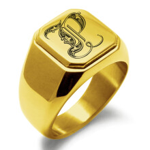 Anillo de sello pulido estilo motero con inicial P grabada en acero inoxidable