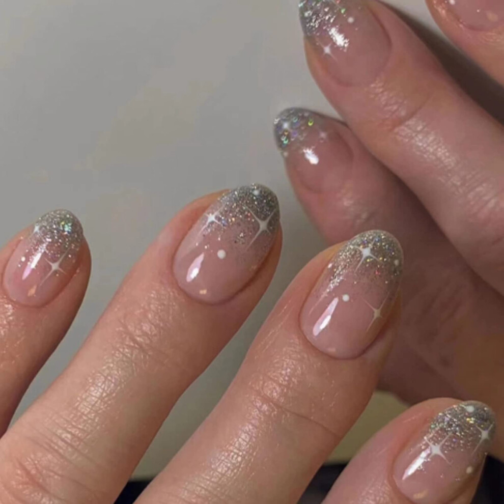 Short Oval Press On Nails with Glitter French Tip and Stars Design, 24pcs Acrylic Fake Nails