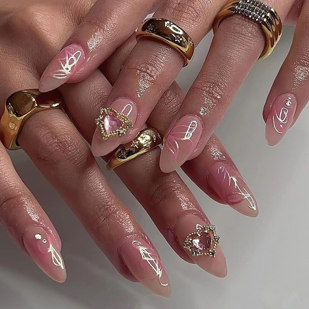 Pink Press On Nails Medium Almond Fake Nails With Gradient Butterfly And Rhinestone Design 24Pcs