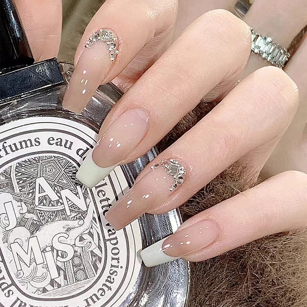Cream Long Press On Nails With Glue Nude Gradient Coffin Fake Nails With Rhinestones For Women 24Pcs