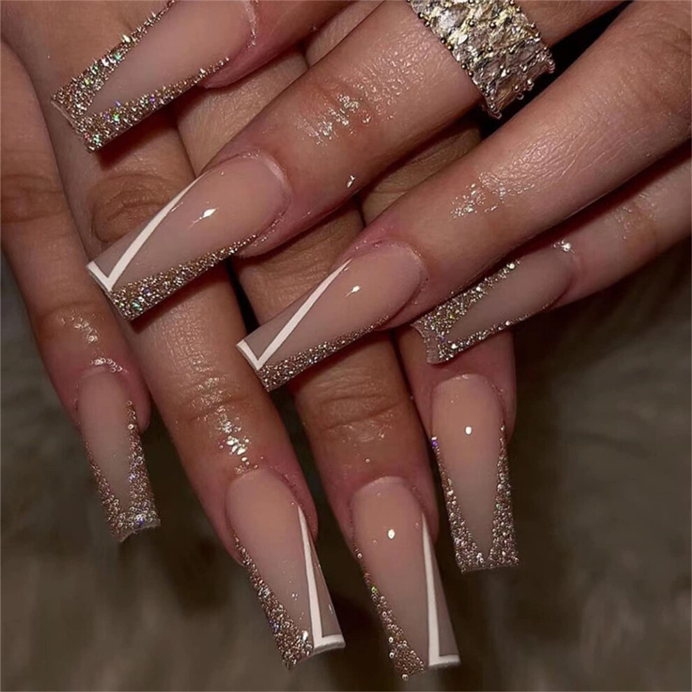 24pcs Long Coffin Press On Nails Sparkly French Fake Nails Reusable Tips for Women and Girls