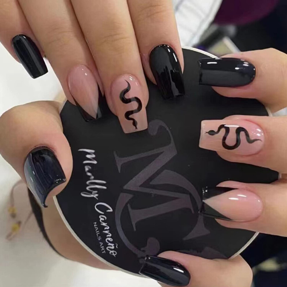 Black French Press On Nails 24pcs Medium Square Fake Nails with Glossy Snake Design for Women