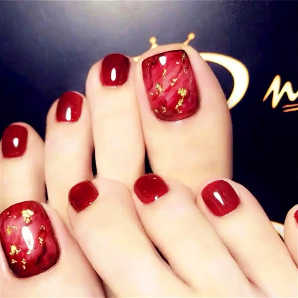 Red,Gold 24Pcs Gold Foil Red Press On Nails With Glue Short Fake Nails For Women Toe And Fingernail Set