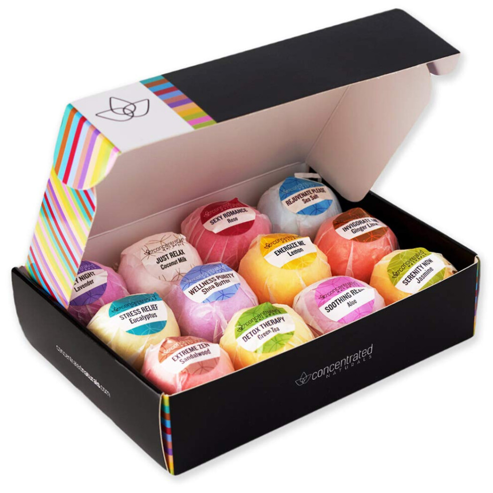Bath Bombs Gift Set for Women, Natural Essential Oil, 12 Scent Variety, SpaGrade, Individually Wrapped