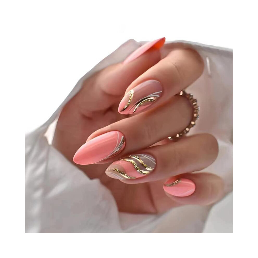 French Glitter Almond Press On Nails Medium Length Acrylic Fake Nails for Women 24 Pieces