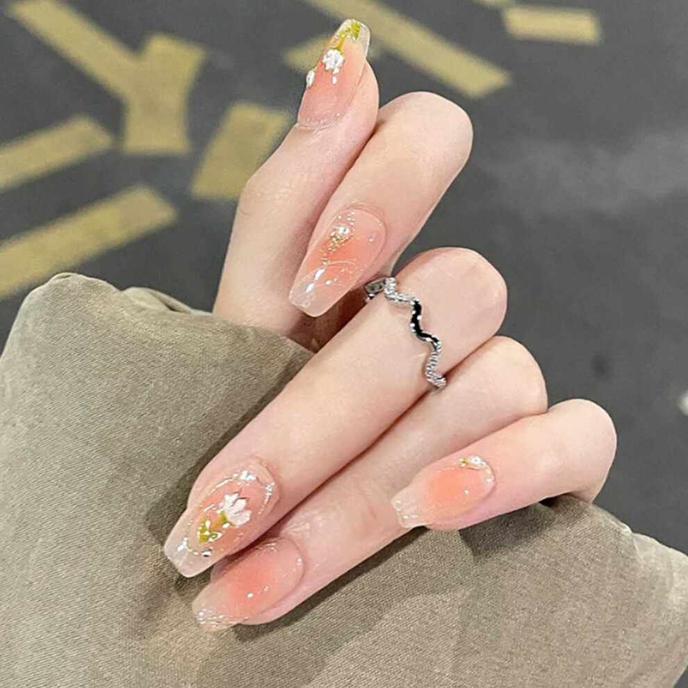 Medium Coffin Press On Nails with Gradient Roses, 24 PCS Acrylic Fake Nails for Women
