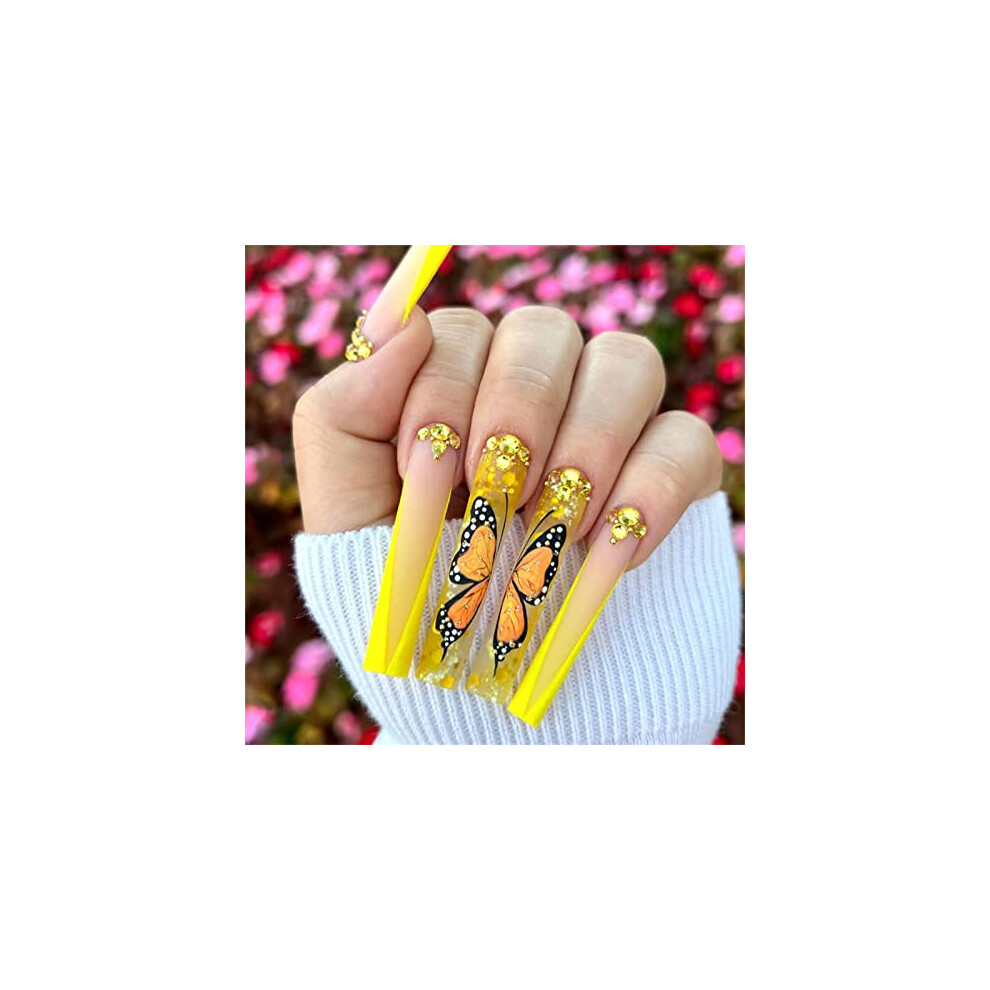 Yellow Butterfly Press On Nails Long Glitter French Ballerina Fake Nails 24Pcs Reusable Tips